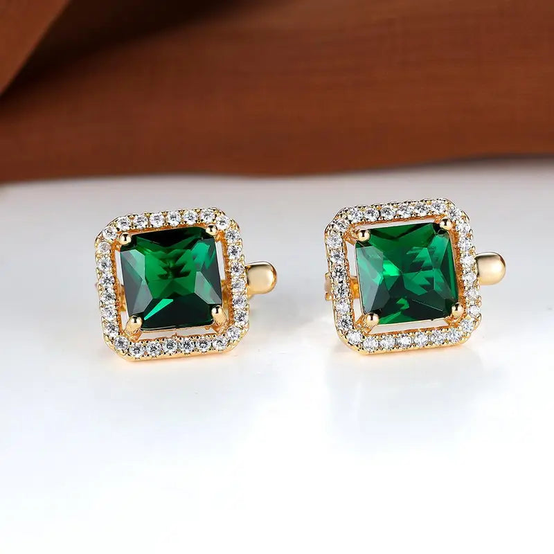 Pendientes de Zirconia Cuadrados Verde Dorado | Oro