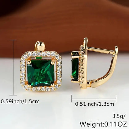 Pendientes de Zirconia Cuadrados Verde Dorado | Oro