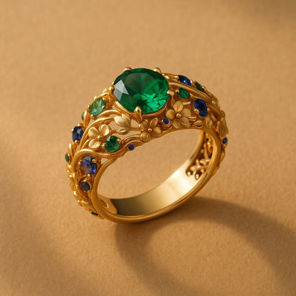 Anillo de Oro con Cristales Verdes y Azules