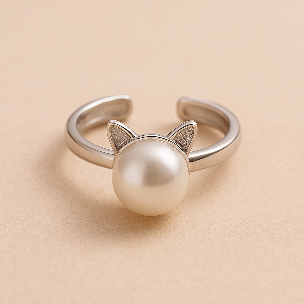 Hermoso Collar de Gato de Perlas con Pendientes + Anillo de Regalo