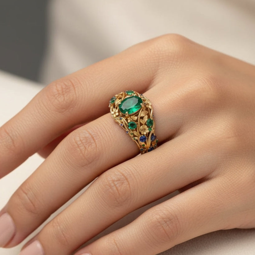 Anillo de Oro con Cristales Verdes y Azules
