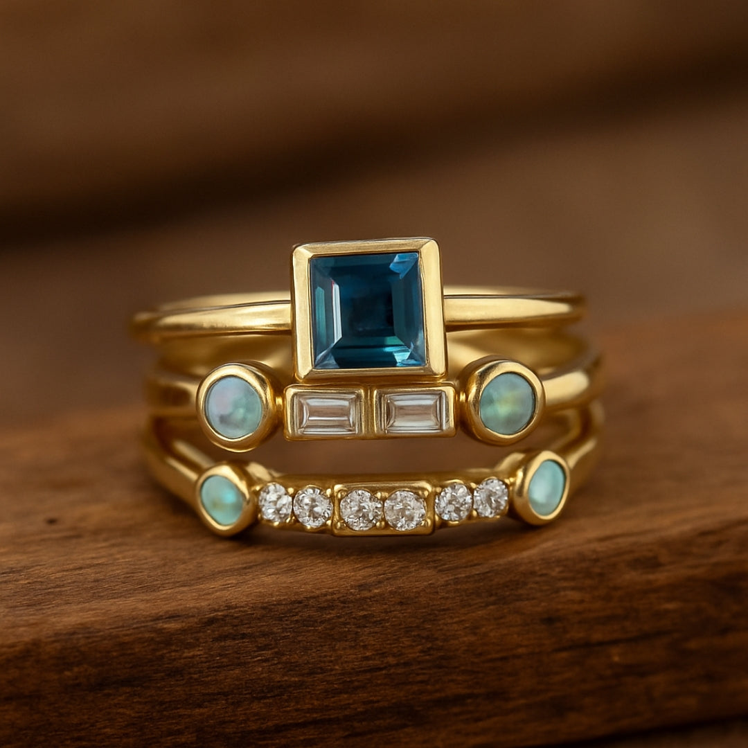 Juego de anillos de cristal azul vintage