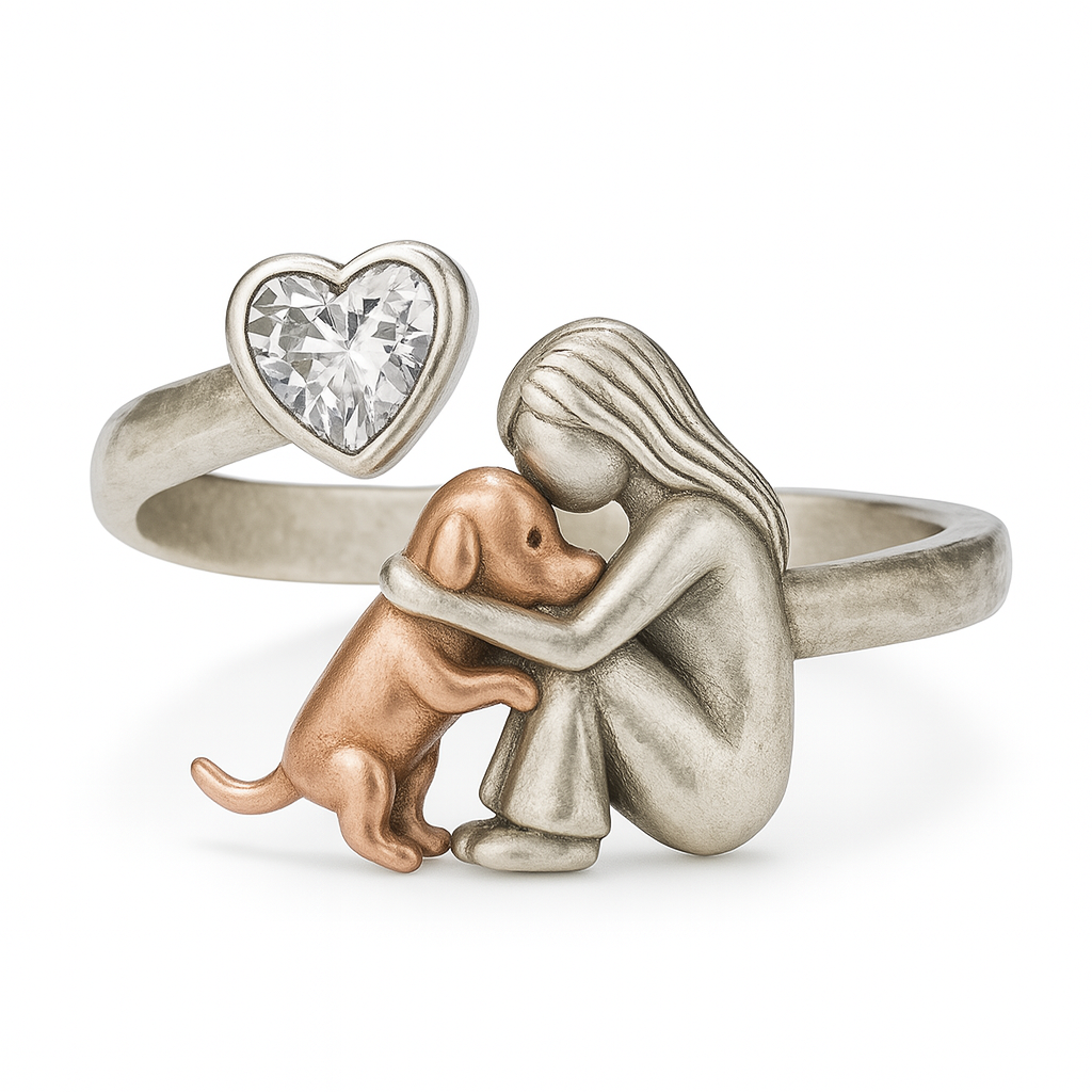 Anillo de Perro de Plata Esterlina 925 Hecho a Mano con Circonita en Forma de Corazón – Ajuste Ajustable