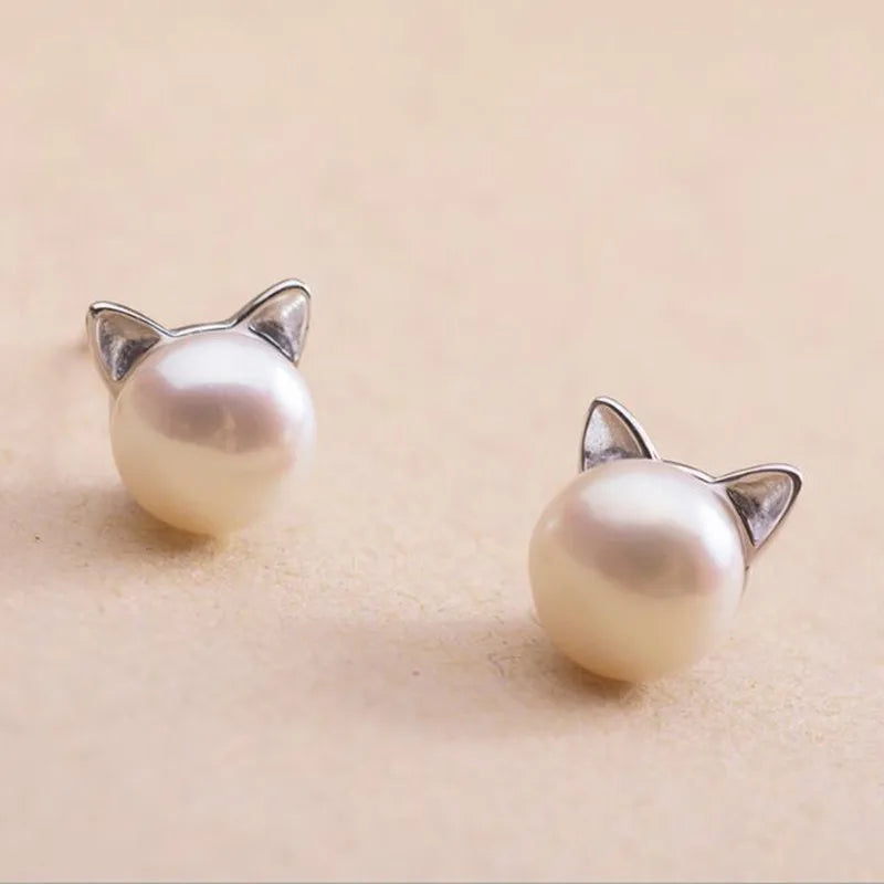 Pendientes de Perla de Gato de Plata de Ley