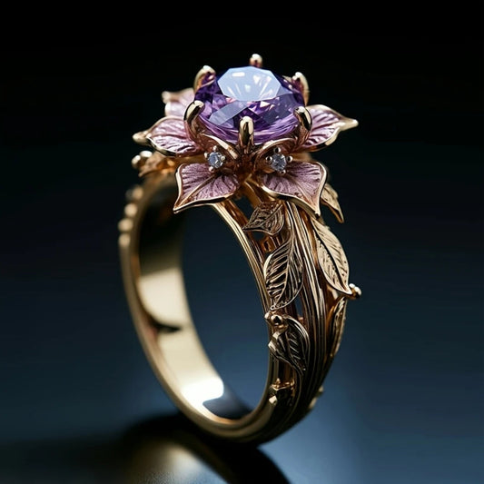 Anillo de cristal con flor morada exótica