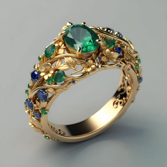 Anillo de Oro con Cristales Verdes y Azules