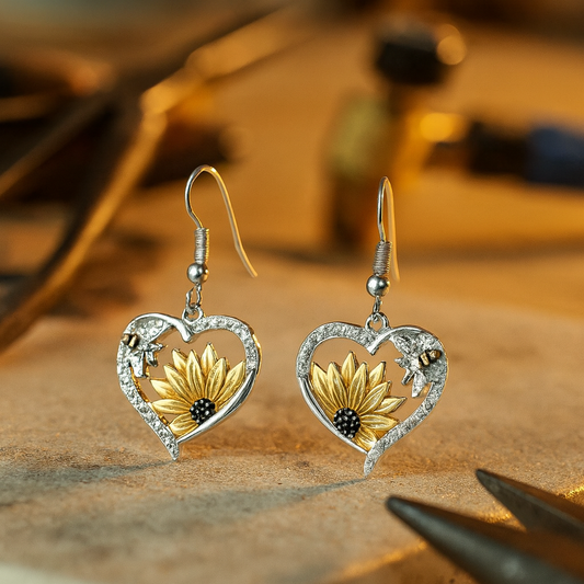 Pendientes Colgantes de Corazón de Girasol y Abeja Vintage Boho