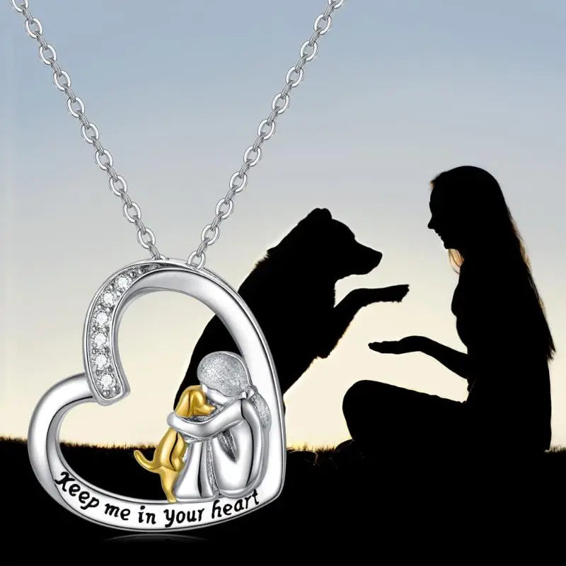 Collar de Plata de Ley 925 – Diseño de Corazón y Perro con Circonitas