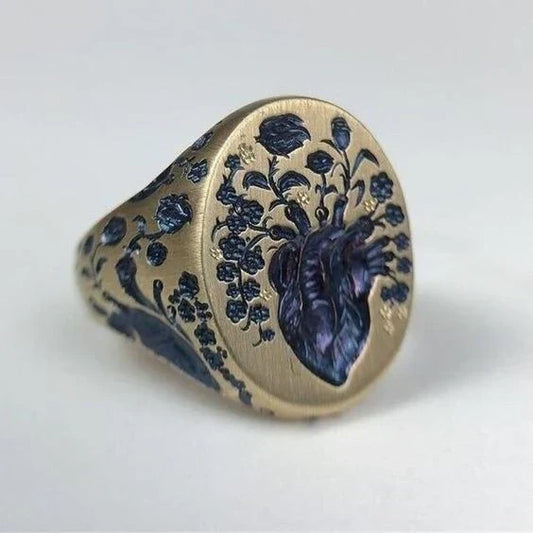 Anillo de oro con sello floral azul vintage