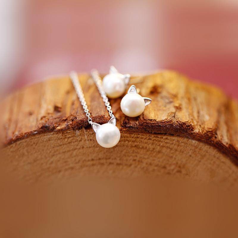 Hermoso Collar de Gato de Perlas con Pendientes + Anillo de Regalo