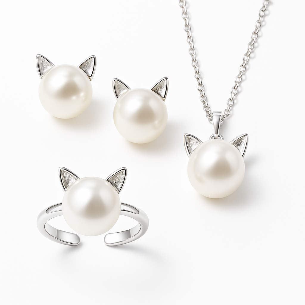 Hermoso Collar de Gato de Perlas con Pendientes + Anillo de Regalo