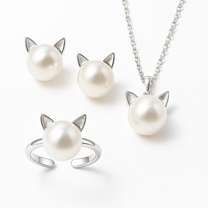 Hermoso Collar de Gato de Perlas con Pendientes + Anillo de Regalo